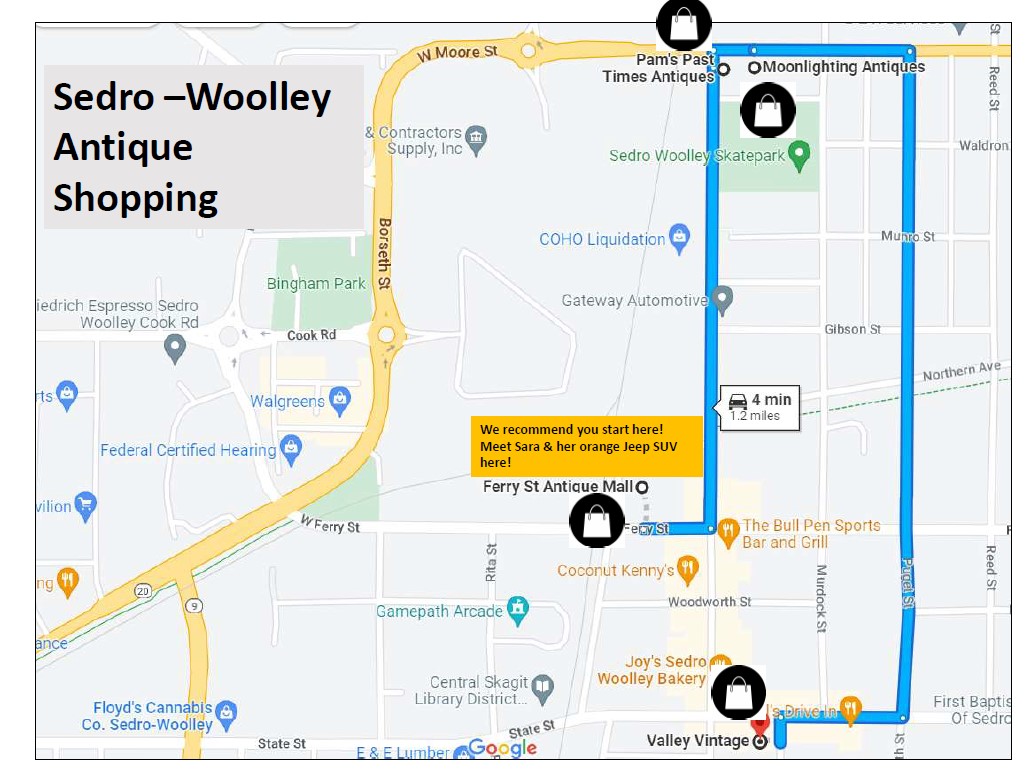 map with close up of antiquing sites in SedroWoolley